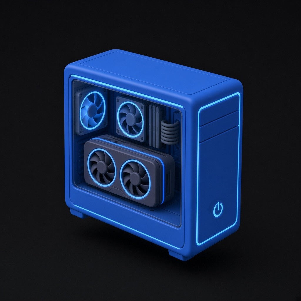 3D-illustrasjon av en blå gaming-PC i mellomklassen med tydelig skjermkort
