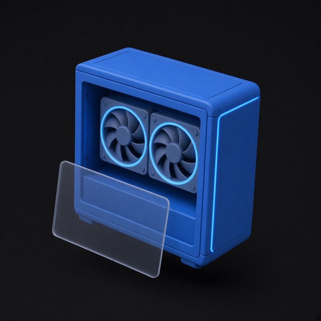 3D-illustrasjon av et PC-kabinett med vifter og glasspanel