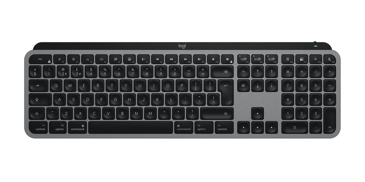 Logitech MX Keys S for Mac i space grey, sett forfra. Bildet viser engelsk tastaturlayout, varen leveres med nordisk layout