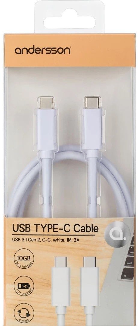 Andersson USB-C til USB-C kabel 1 m, USB 3.1 Gen 2 10 Gbit/s, 3 A (hvit) – produktbilde