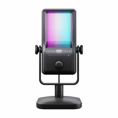 Cherry Xtrfy Ngale R USB-mikrofon i svart med RGB-belysning, sett forfra på bordstativ